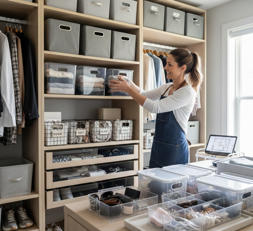 Professional organizer arranging storage solutions
