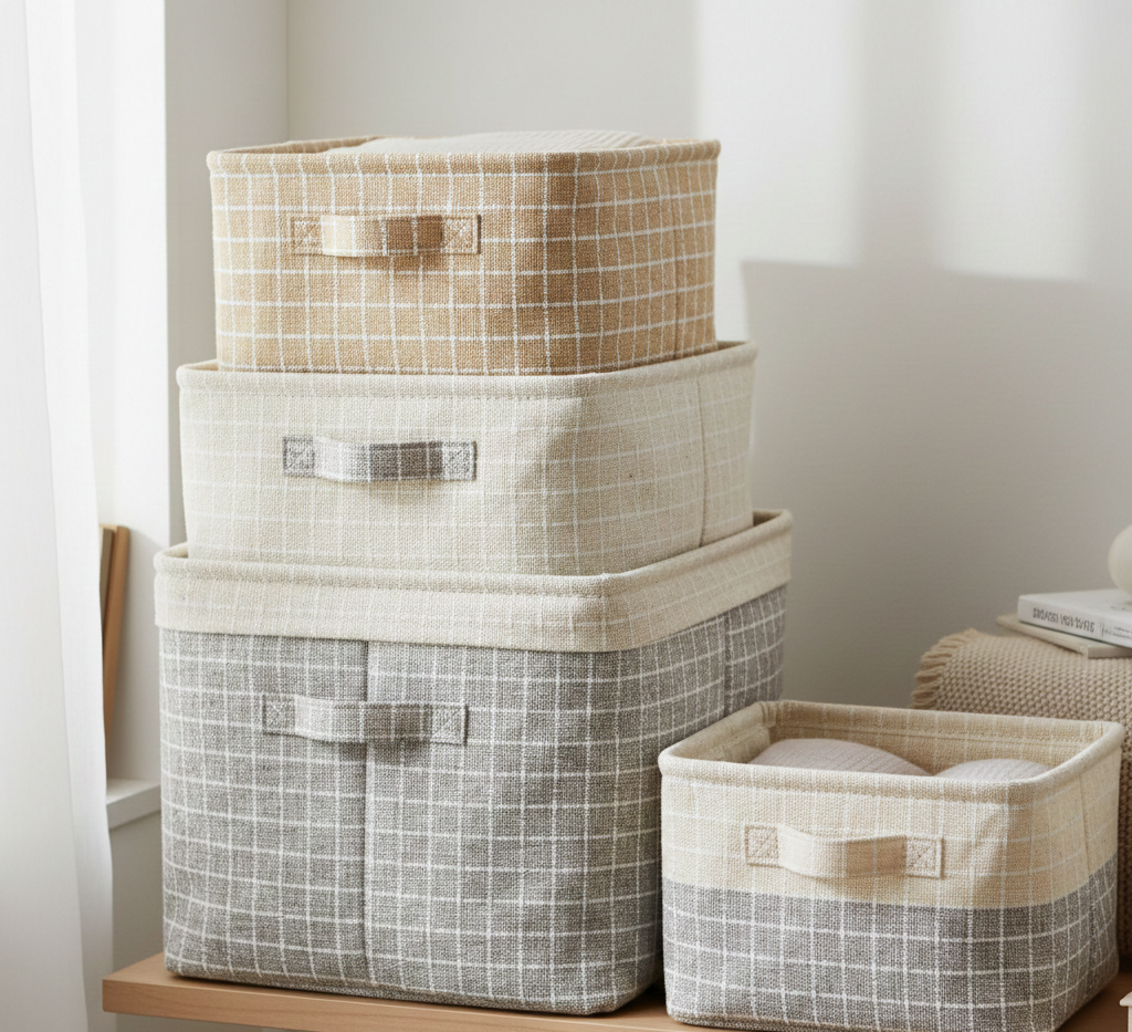 Set of stackable fabric storage bins in neutral colors
